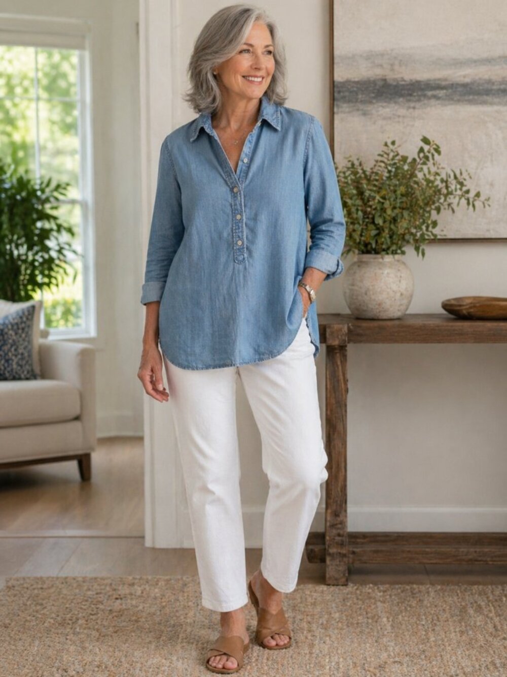 Talbots Chambray Denim Pullover Top Button Front Long Sleeve Classic Blue Sz M